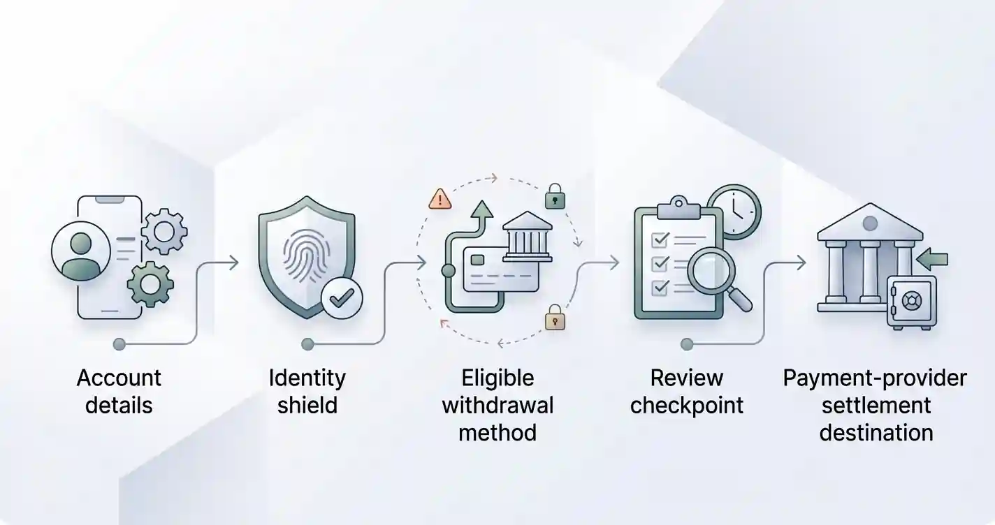 Five-step withdrawal verification flow from account checks through operator review to payment settlement