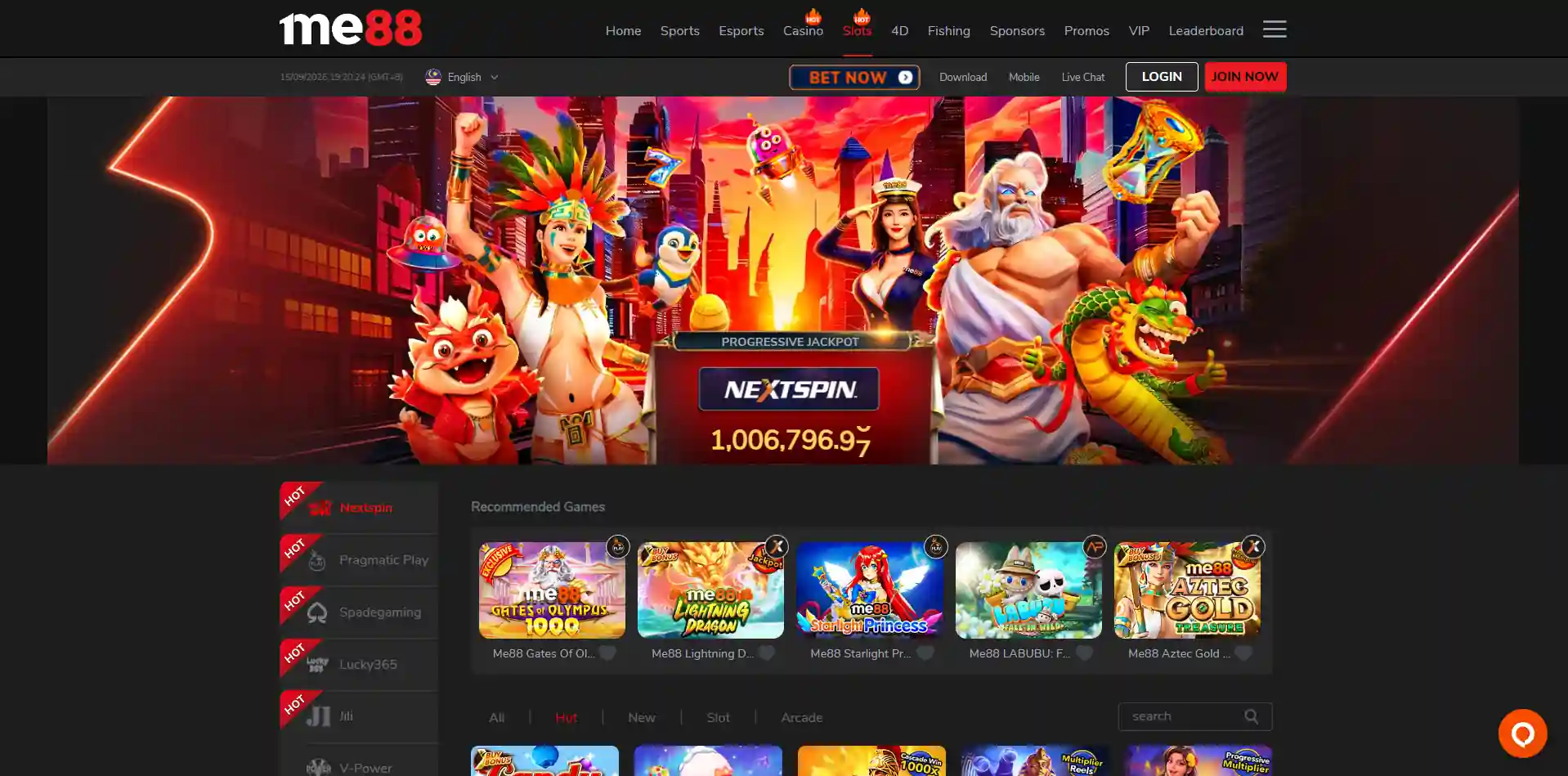 Current official me88 casino lobby showing real game categories or provider filters