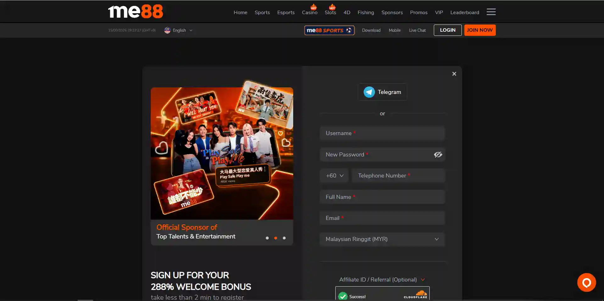 Current official me88 registration screen from the canonical me88 website