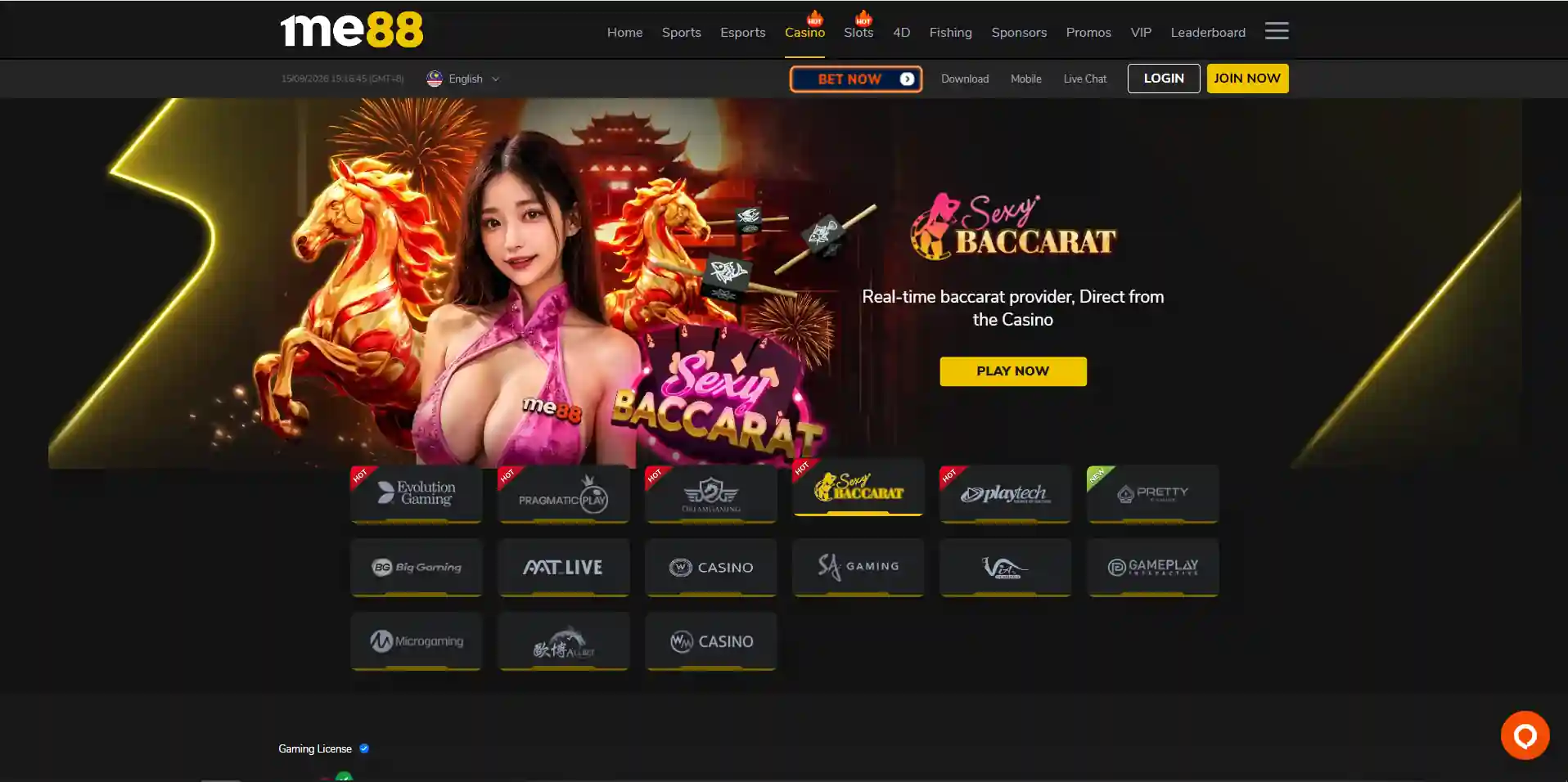 Current me88 live casino lobby with provider and live-dealer categories visible