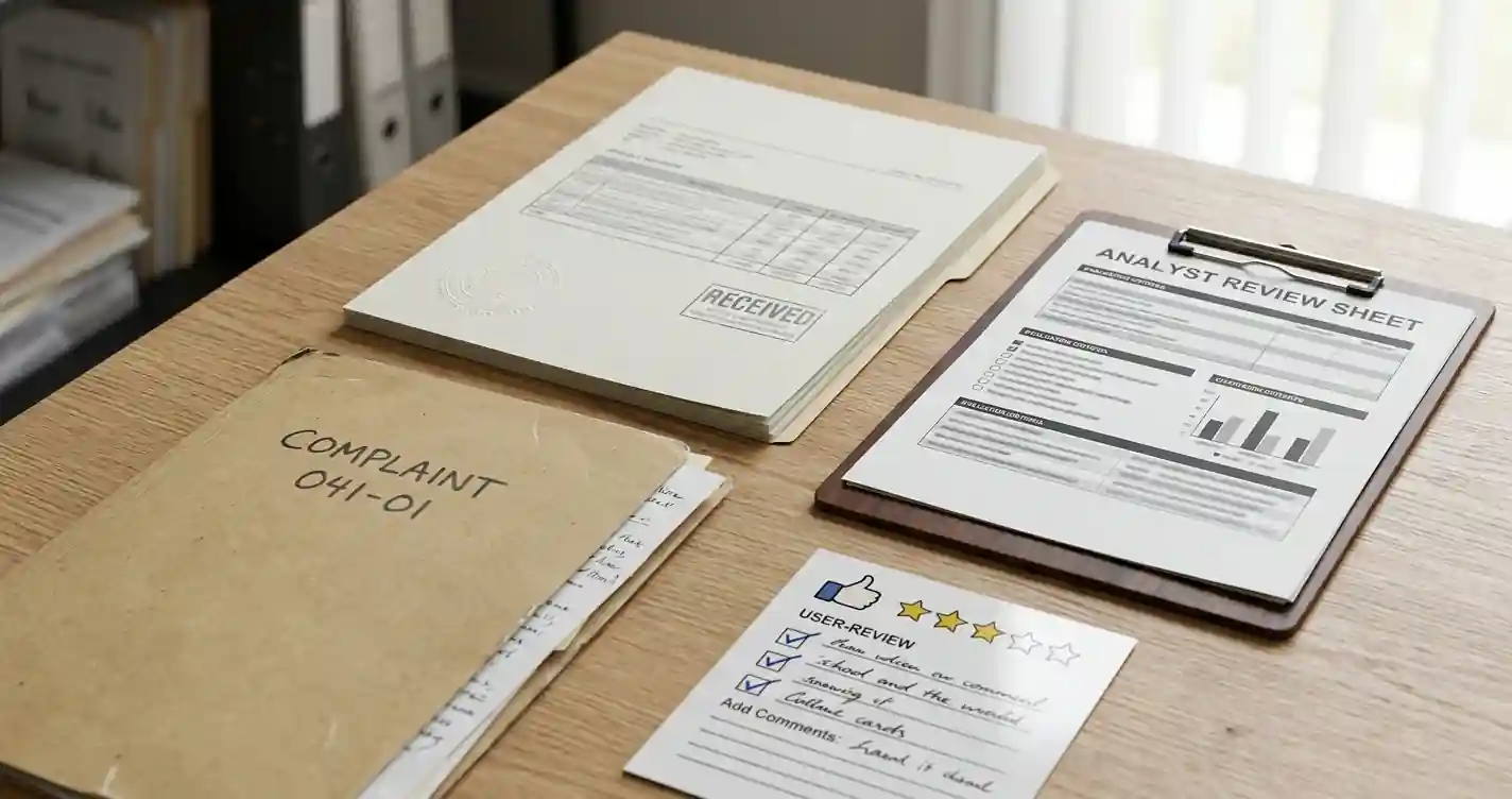 Conceptual evidence hierarchy with regulator record, expert review, complaint file and user review shown as separate evidence tiers