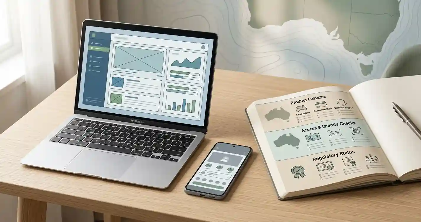 Neutral illustration of an Australian reader comparing casino product, regulation and account checks on laptop and mobile devices